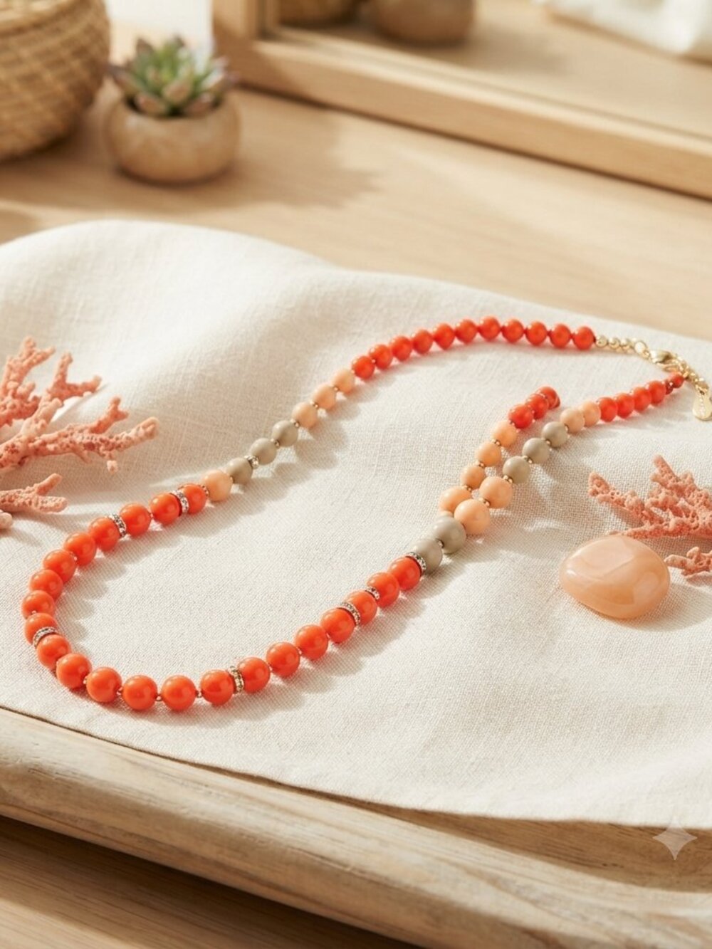 Ann Taylor coral tricolor beaded with rhinestone necklace